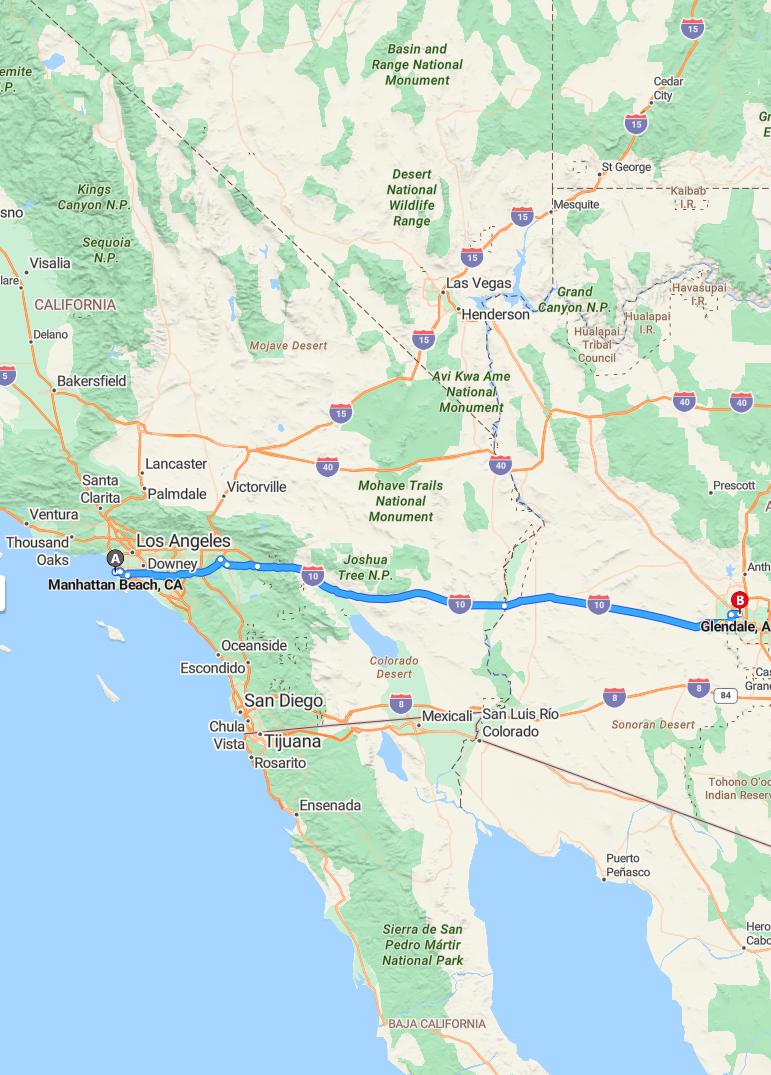 driving from Manhattan Beach, California to GlendaleArizona - map and route