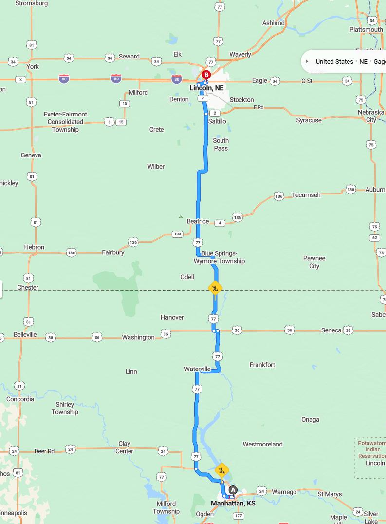 driving from Manhattan, Kansas to LincolnNebraska - map and route