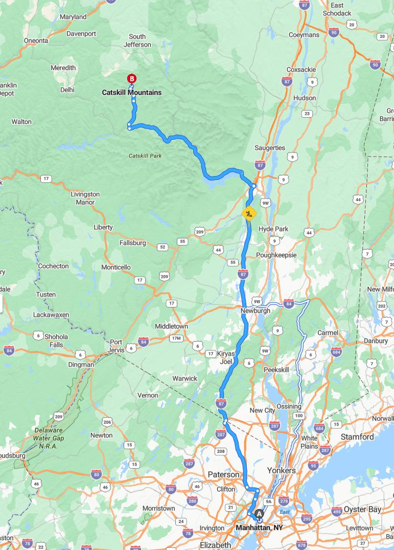 driving from Manhattan, New York to CatskillsNew York - map and route