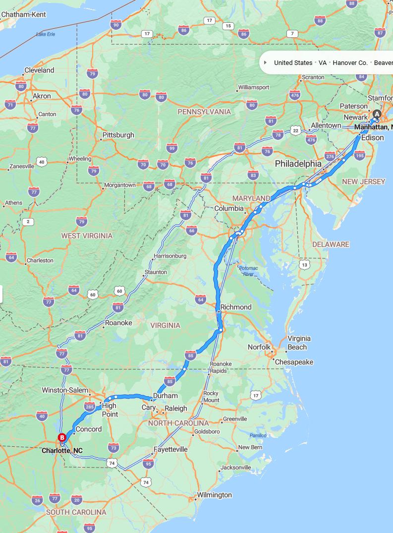 driving from Manhattan, New York to CharlotteNorth Carolina - map and route