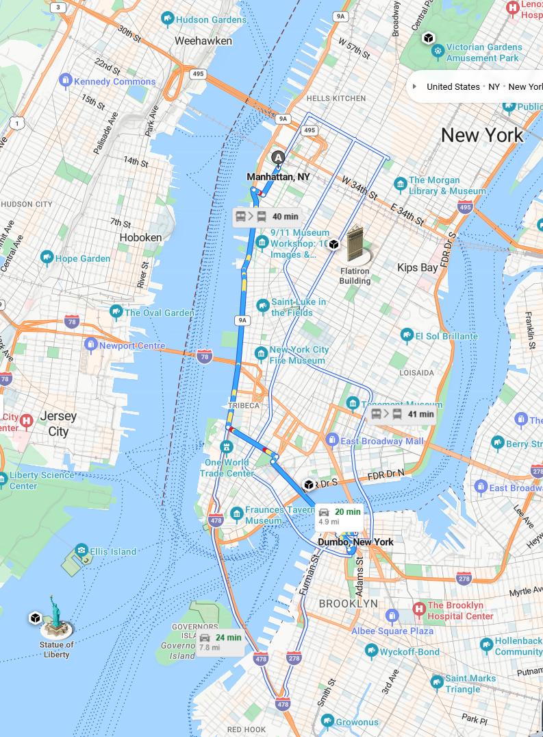 driving from Manhattan, New York to DumboNew York - map and route