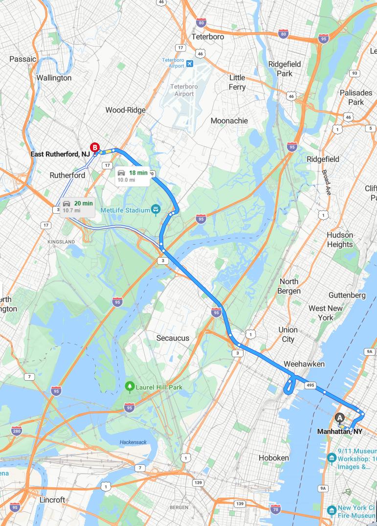driving from Manhattan, New York to East RutherfordNew Jersey - map and route