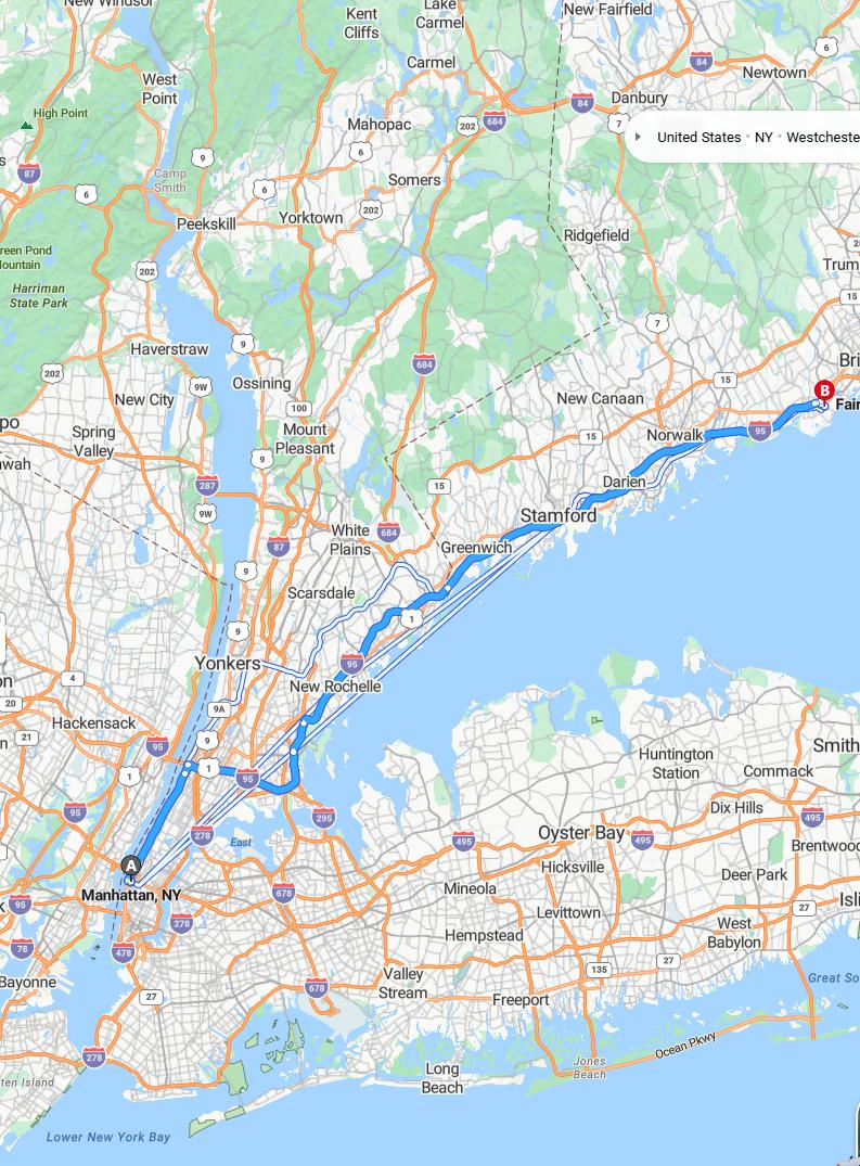 driving from Manhattan, New York to FairfieldConnecticut - map and route