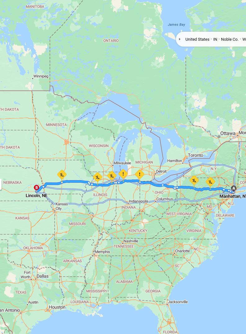 driving from Manhattan, New York to LincolnNebraska - map and route