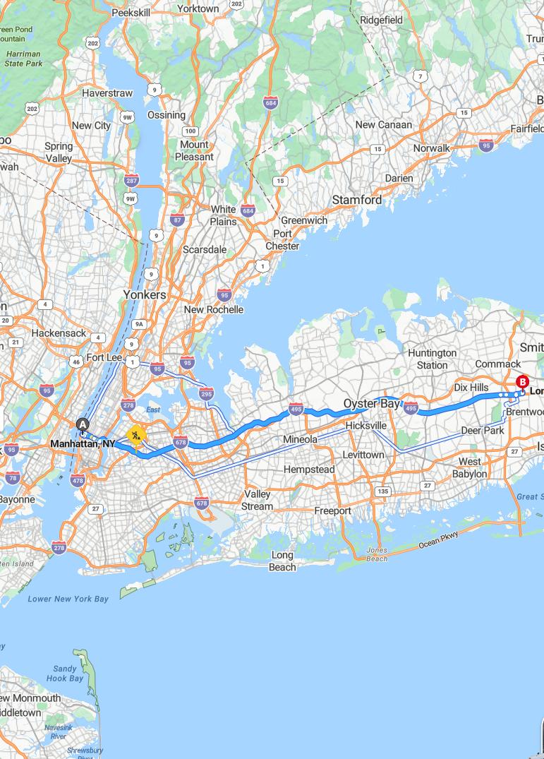 driving from Manhattan, New York to Long IslandNew York - map and route