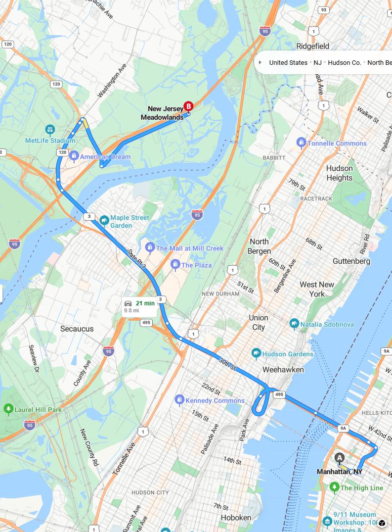 driving from Manhattan, New York to MeadowlandsNew Jersey - map and route