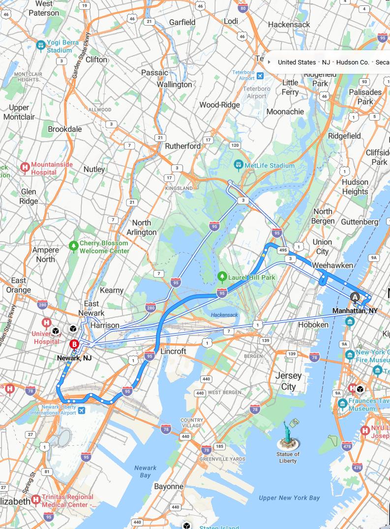 driving from Manhattan, New York to NewarkNew Jersey - map and route
