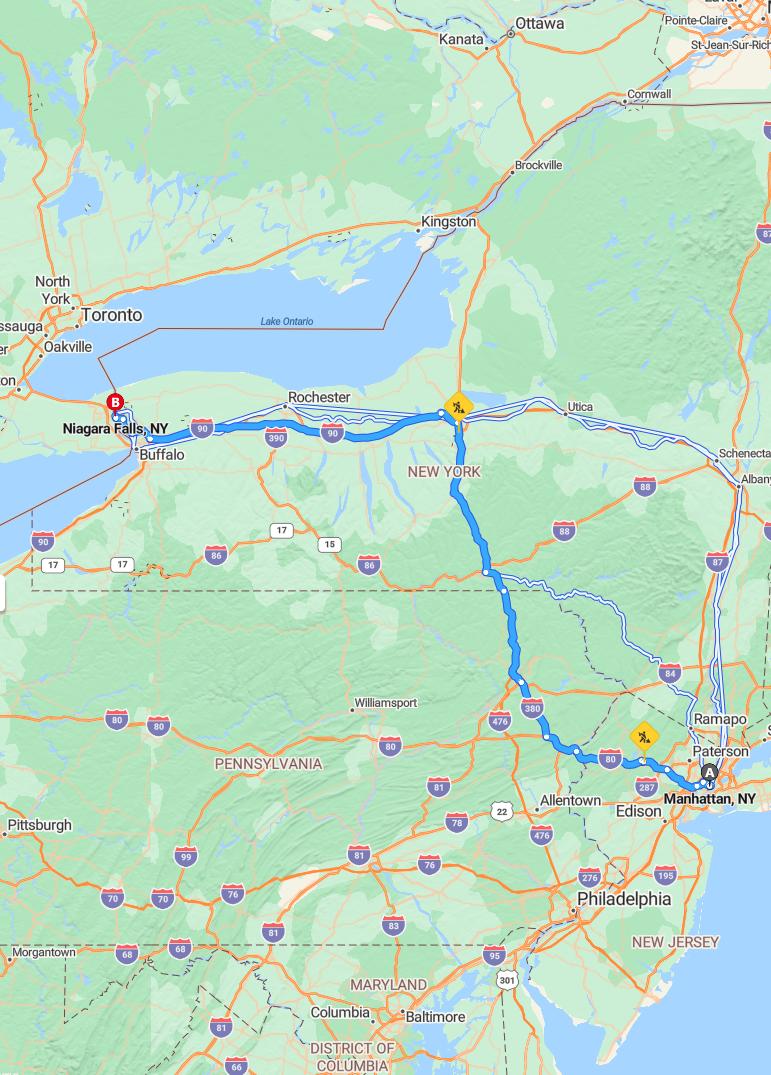 driving from Manhattan, New York to Niagara FallsNew York - map and route