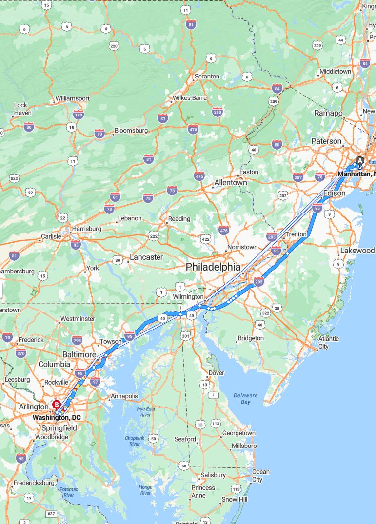 driving from Manhattan, New York to WashingtonDistrict of Columbia - map and route