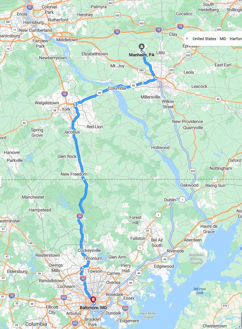 driving from Manheim, Pennsylvania to BaltimoreMaryland - map and route