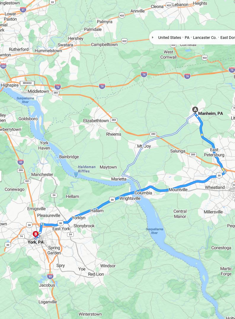 driving from Manheim, Pennsylvania to YorkPennsylvania - map and route