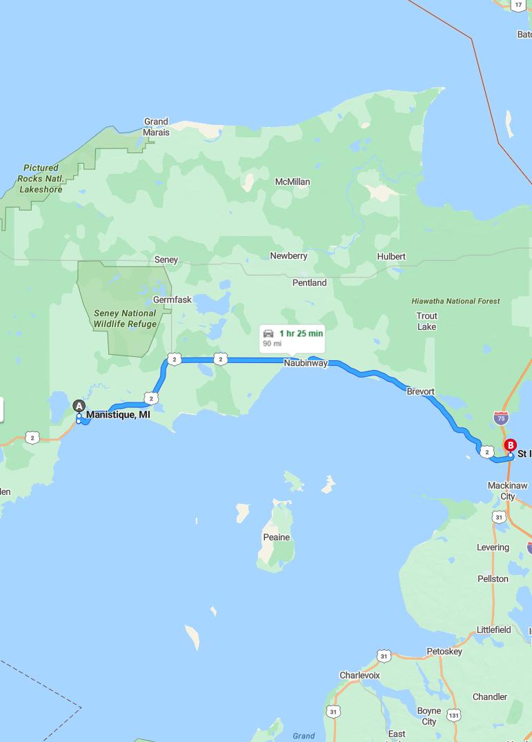 driving from Manistique, Michigan to Saint IgnaceMichigan - map and route