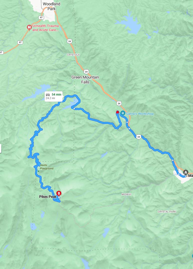 driving from Manitou Springs, Colorado to Pikes PeakColorado - map and route