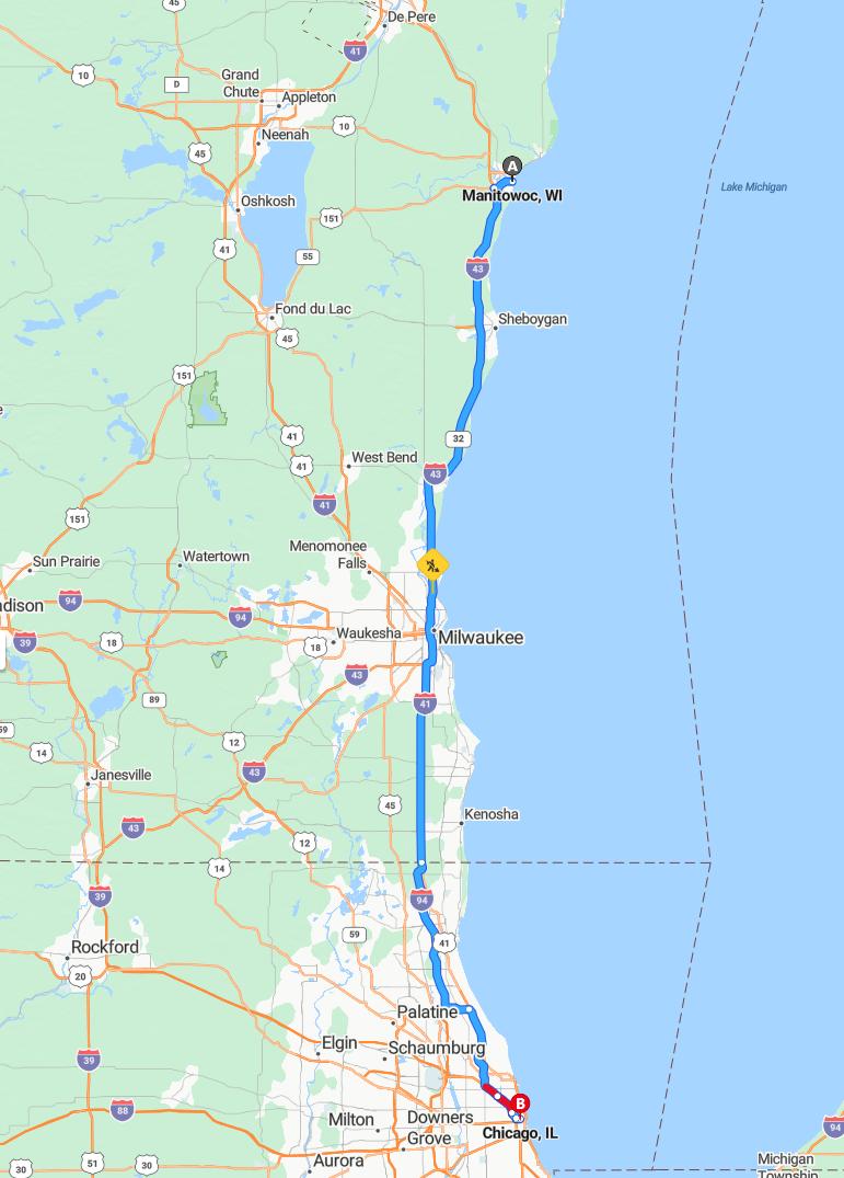 driving from Manitowoc, Wisconsin to ChicagoIllinois - map and route