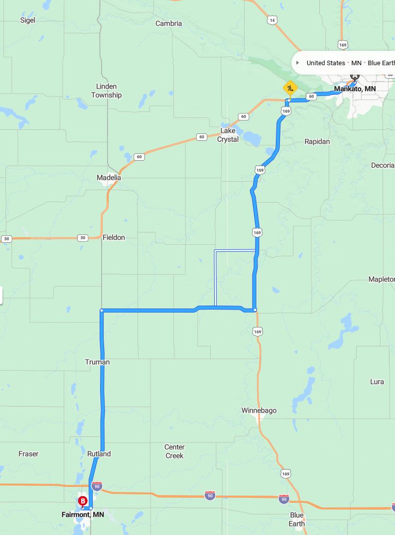 driving from Mankato, Minnesota to FairmontMinnesota - map and route