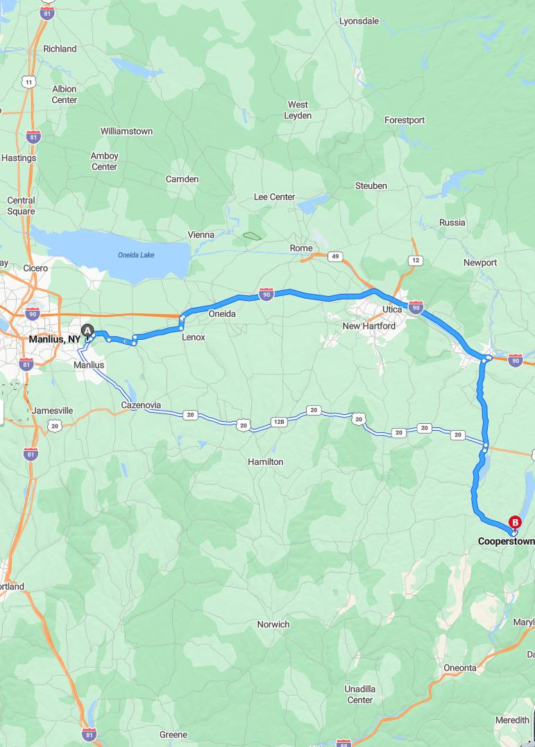 driving from Manlius, New York to CooperstownNew York - map and route