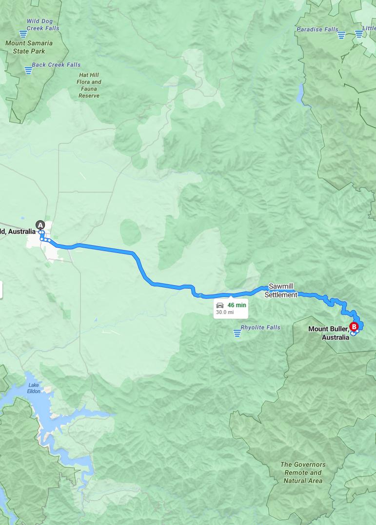 driving from Mansfield, Victoria to Mount BullerVictoria - map and route