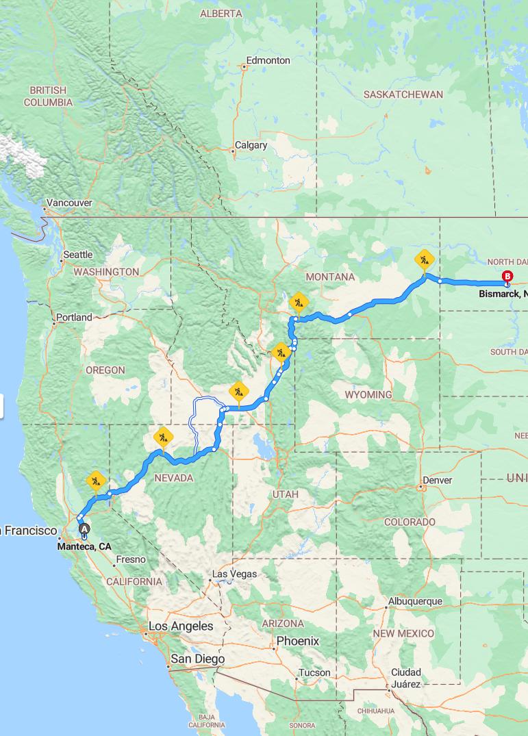 driving from Manteca, California to BismarckNorth Dakota - map and route