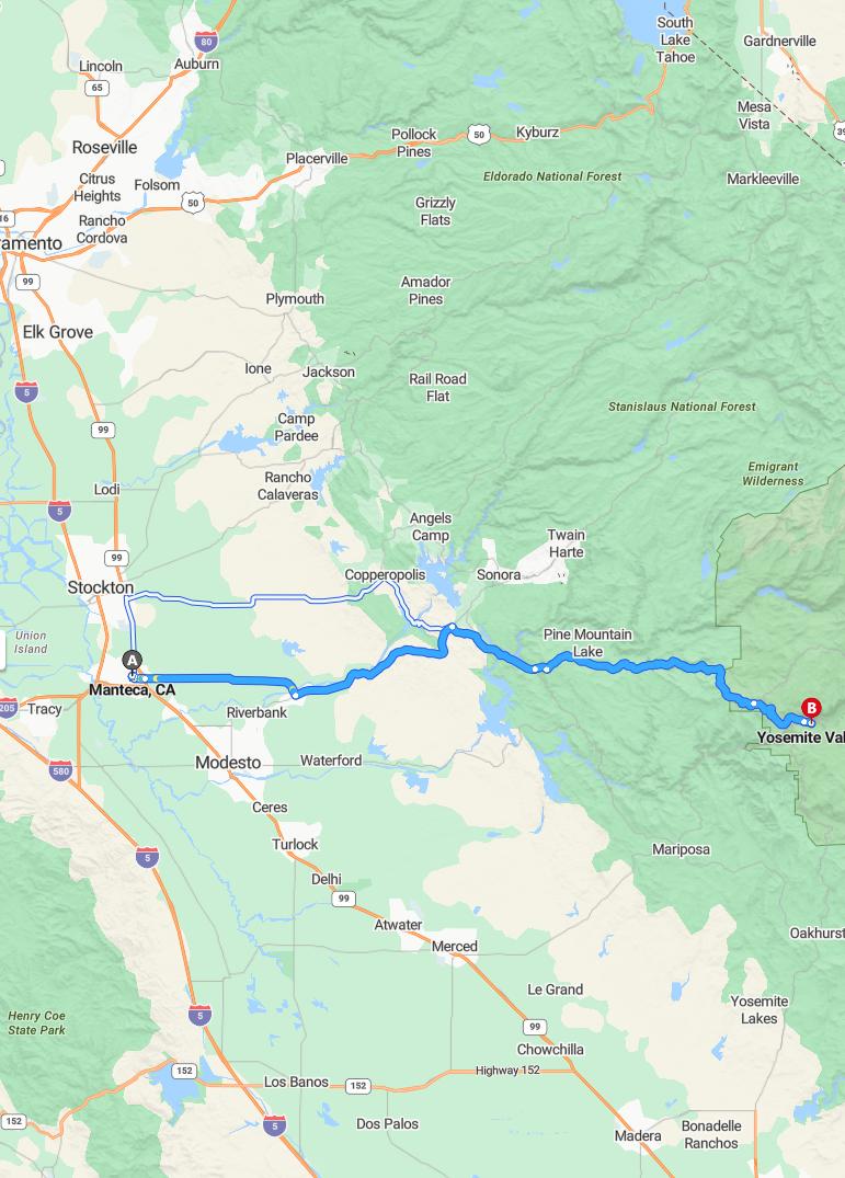 driving from Manteca, California to Yosemite ValleyCalifornia - map and route
