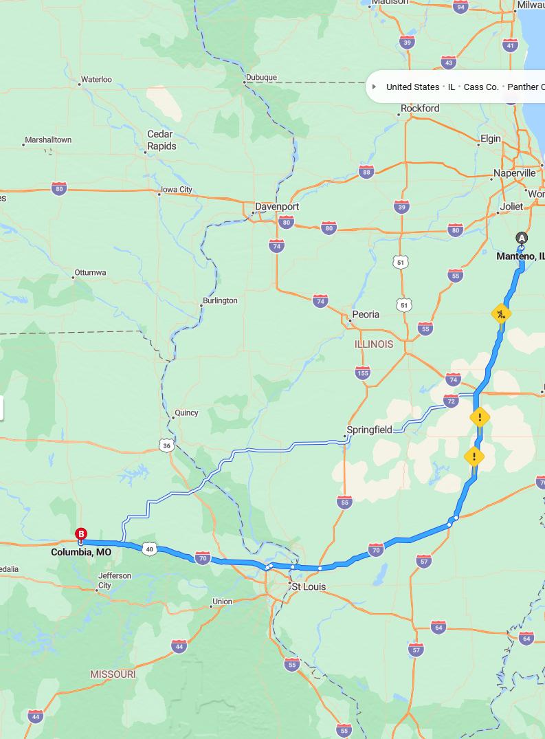 driving from Manteno, Illinois to ColumbiaMissouri - map and route