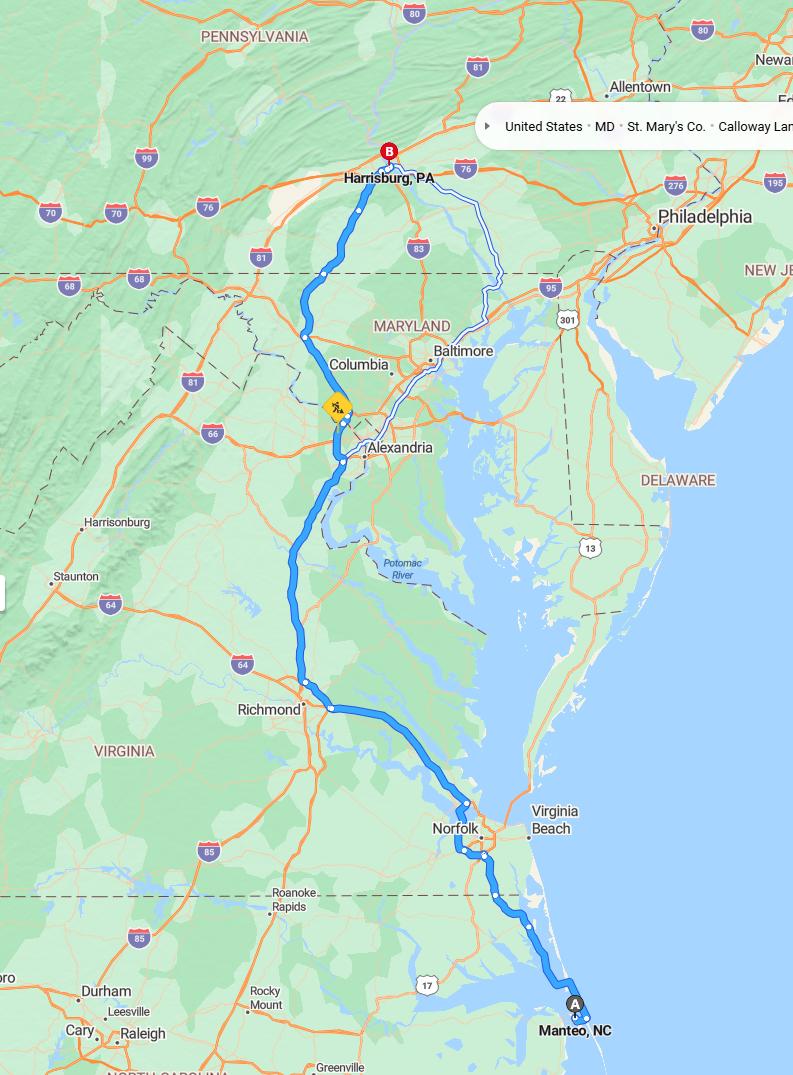 driving from Manteo, North Carolina to HarrisburgPennsylvania - map and route