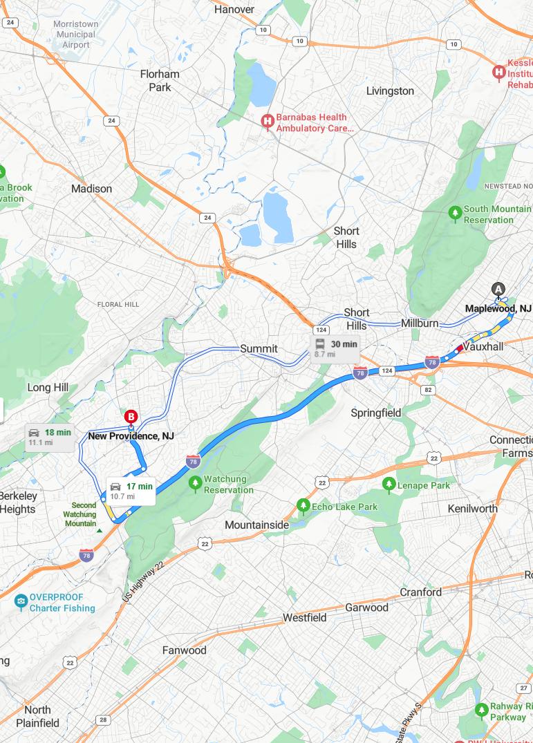 driving from Maplewood, New Jersey to New ProvidenceNew Jersey - map and route
