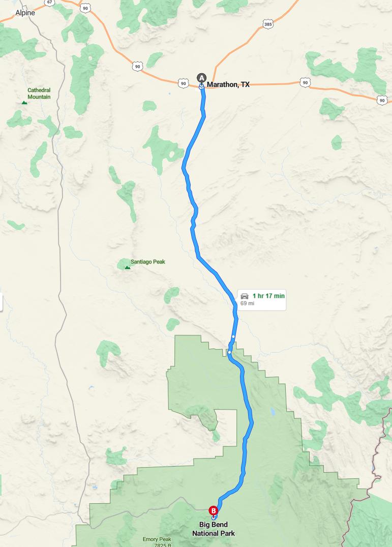 driving from Marathon, Texas to Big BendTexas - map and route