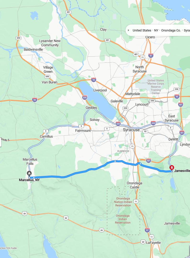 driving from Marcellus, New York to JamesvilleNew York - map and route