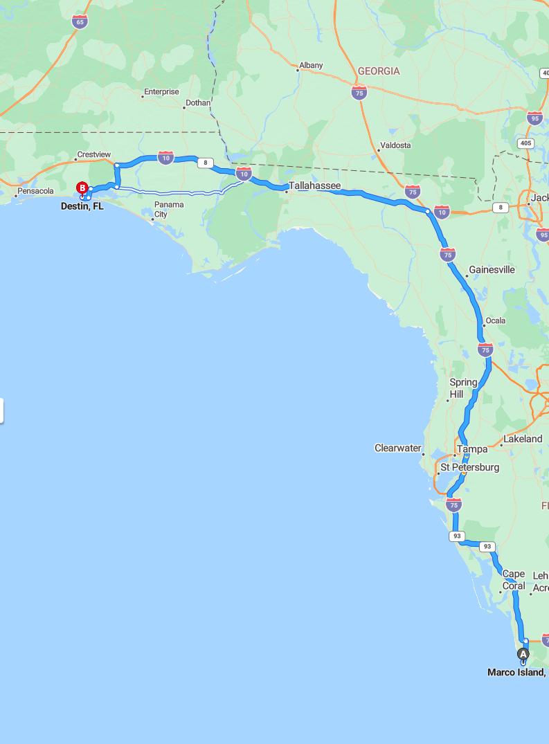 driving from Marco Island, Florida to DestinFlorida - map and route