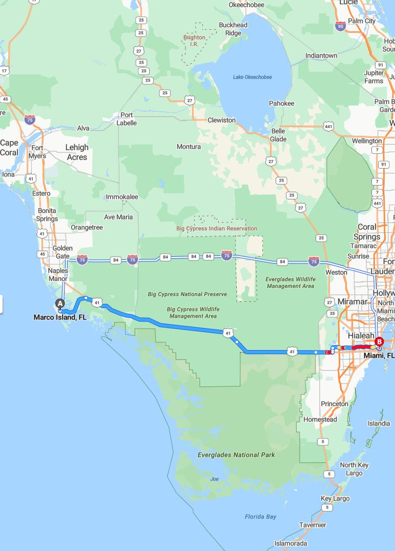 driving from Marco Island, Florida to MiamiFlorida - map and route