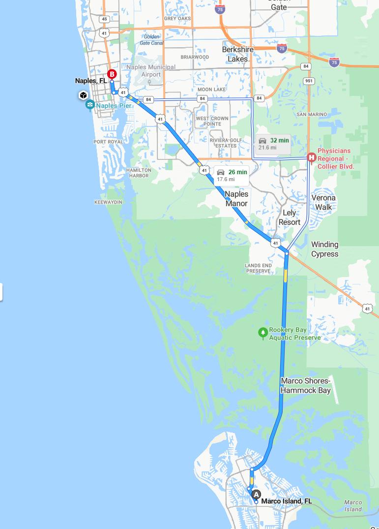 driving from Marco Island, Florida to NaplesFlorida - map and route