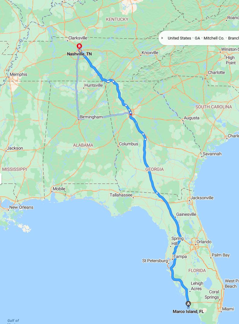 driving from Marco Island, Florida to NashvilleTennessee - map and route