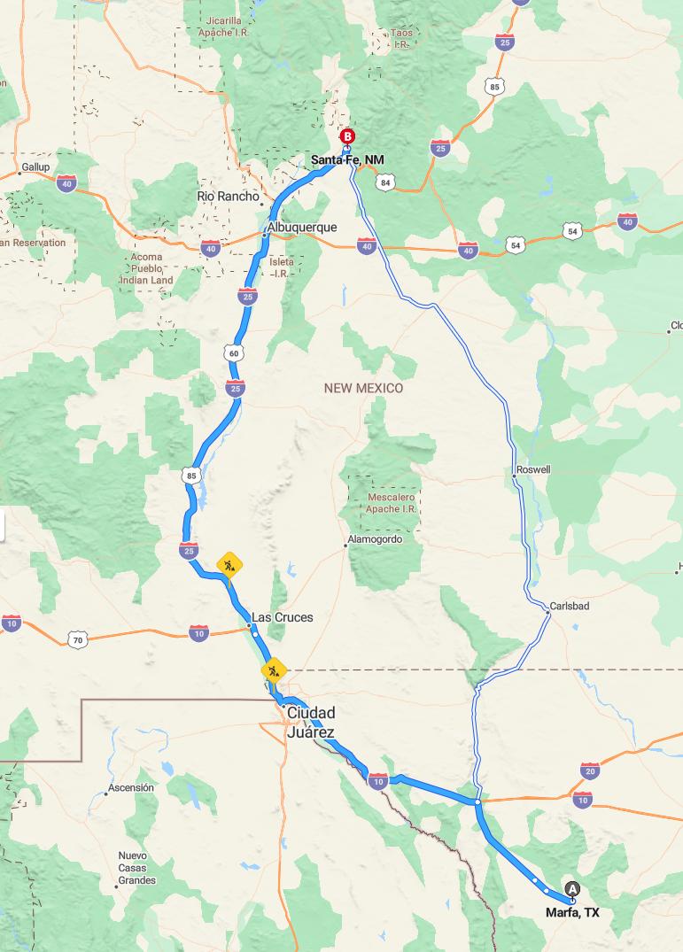 driving from Marfa, Texas to Santa FeNew Mexico - map and route