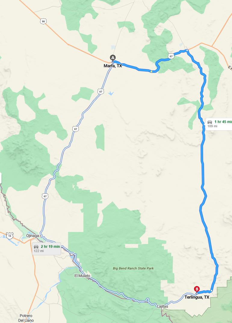 driving from Marfa, Texas to TerlinguaTexas - map and route