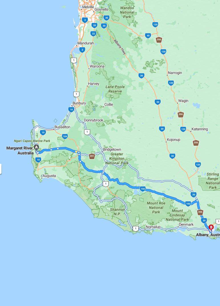 driving from Margaret River, Western Australia to AlbanyWestern Australia - map and route