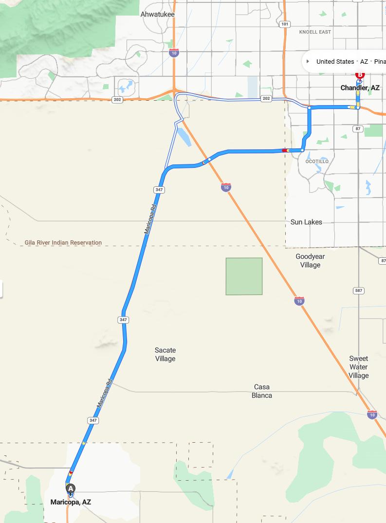 driving from Maricopa, Arizona to ChandlerArizona - map and route