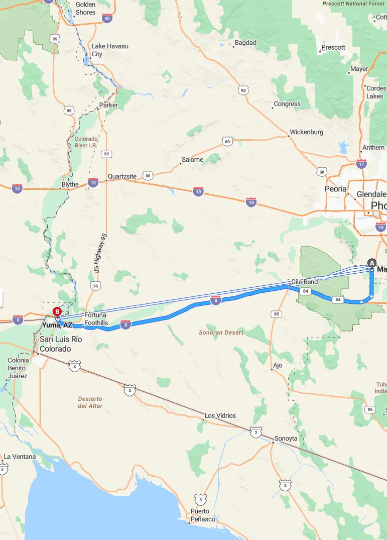 driving from Maricopa, Arizona to YumaArizona - map and route