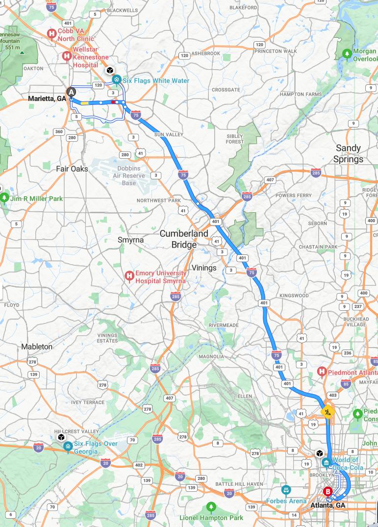driving from Marietta, Georgia to AtlantaGeorgia - map and route