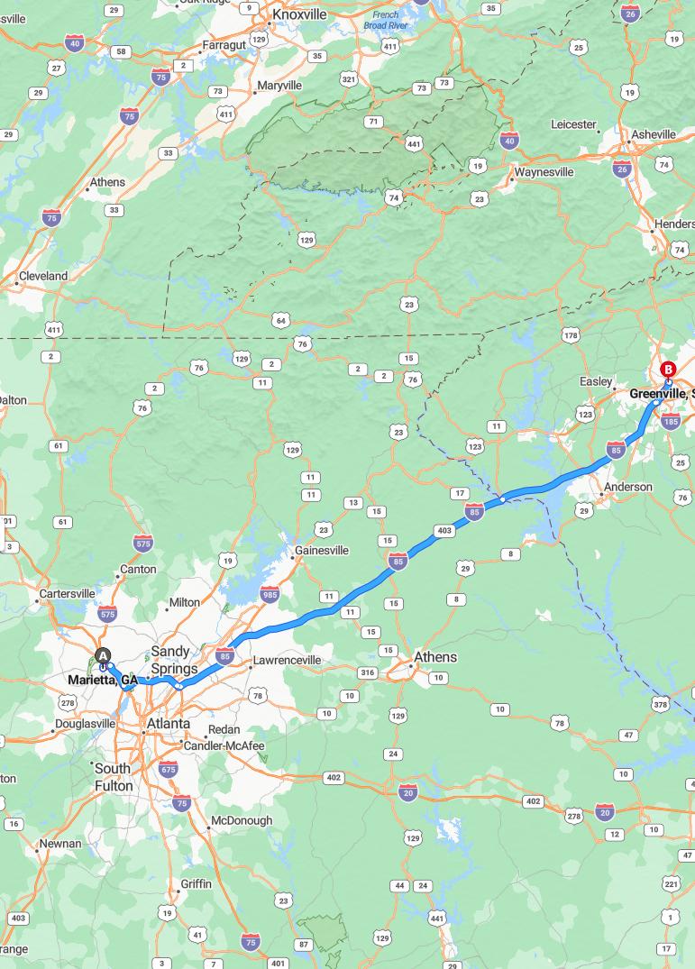 driving from Marietta, Georgia to GreenvilleSouth Carolina - map and route