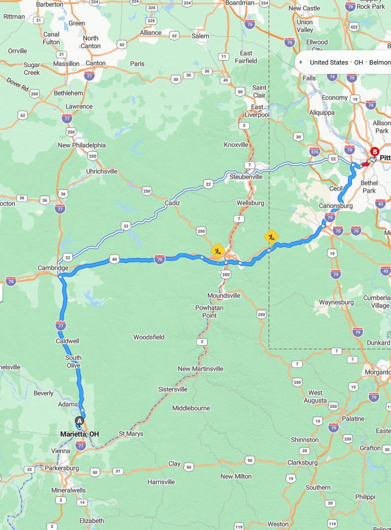 driving from Marietta, Ohio to PittsburghPennsylvania - map and route