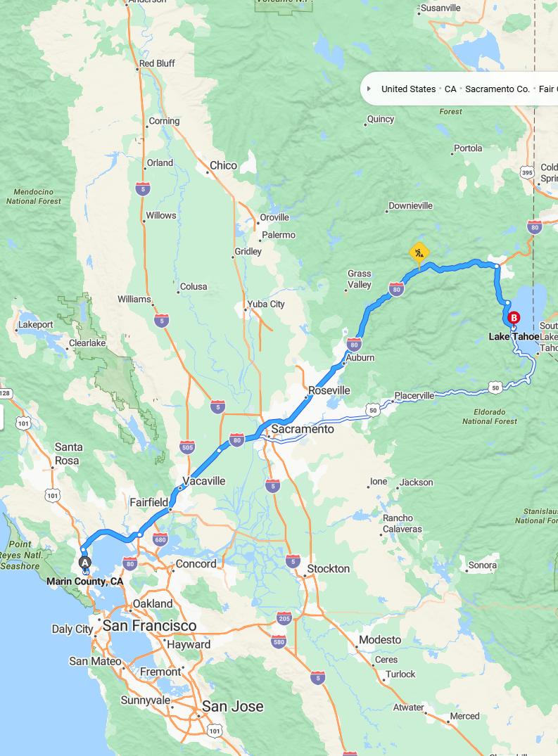 driving from Marin, California to Lake TahoeCalifornia - map and route