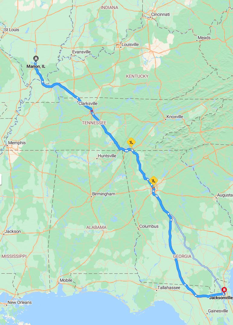 driving from Marion, Illinois to JacksonvilleFlorida - map and route