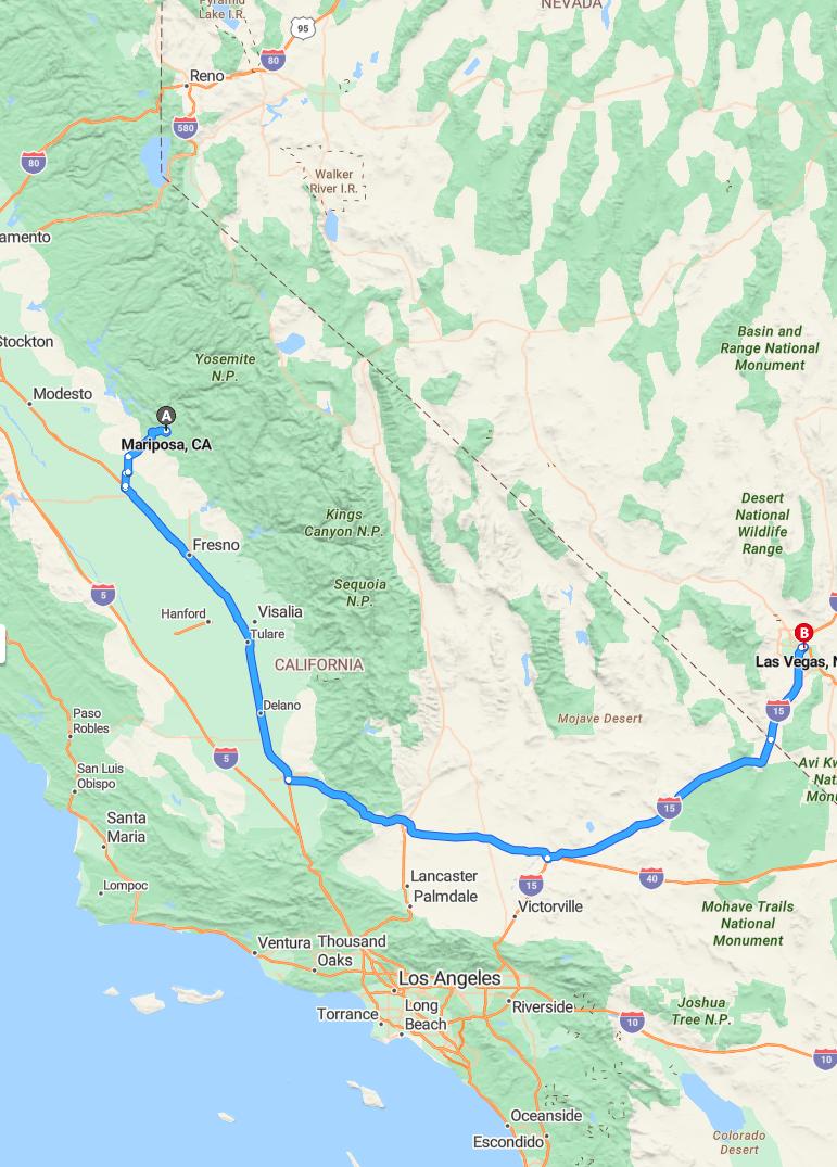 driving from Mariposa, California to Las VegasNevada - map and route