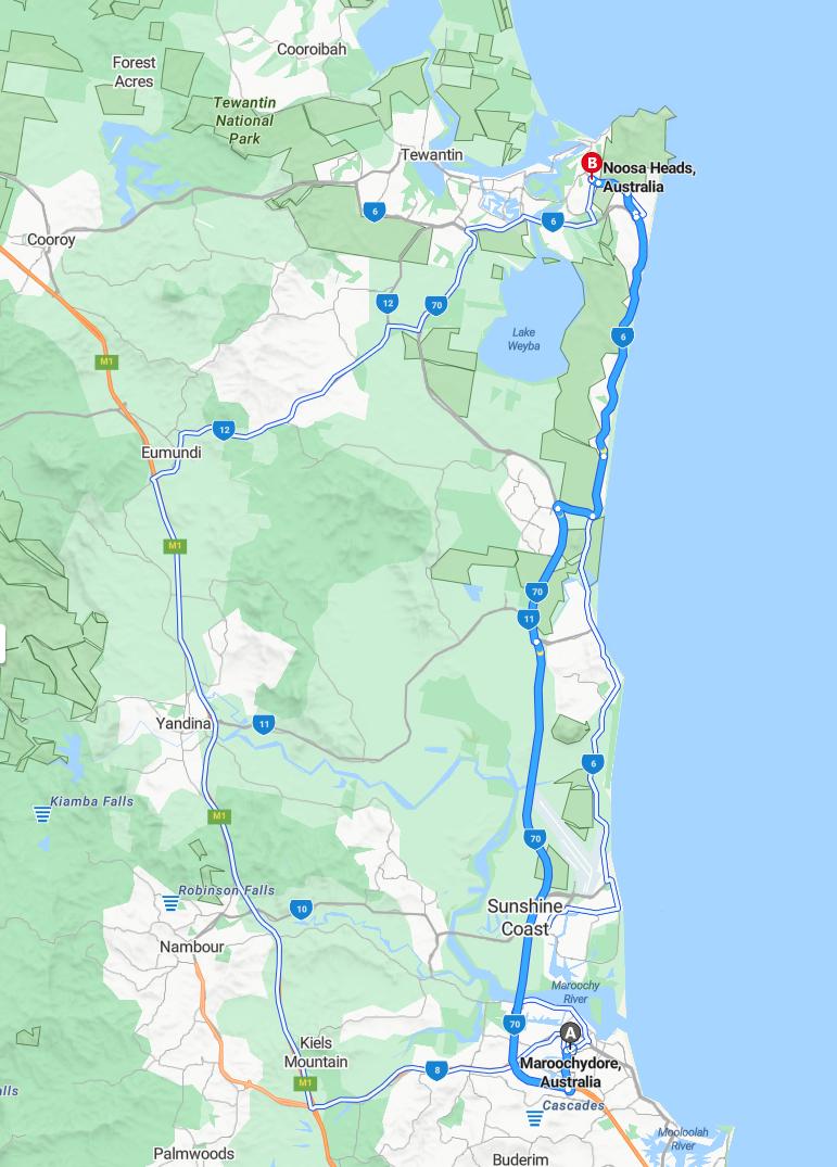 driving from Maroochydore, Queensland to NoosaQueensland - map and route