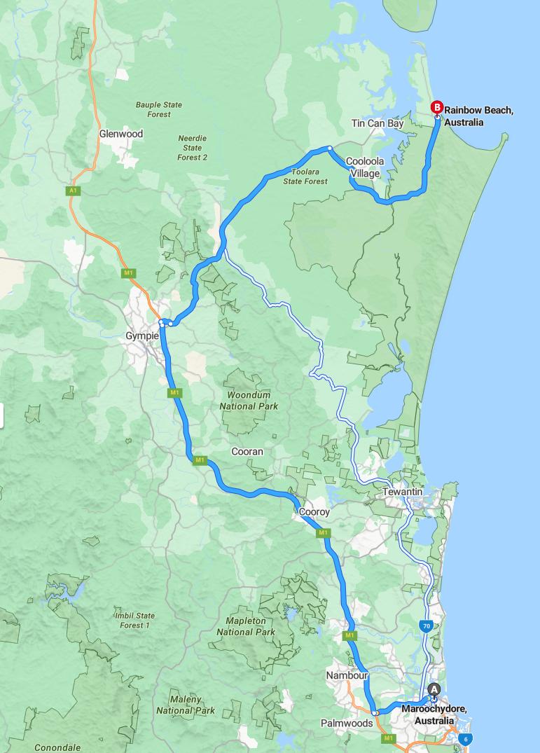 driving from Maroochydore, Queensland to Rainbow BeachQueensland - map and route