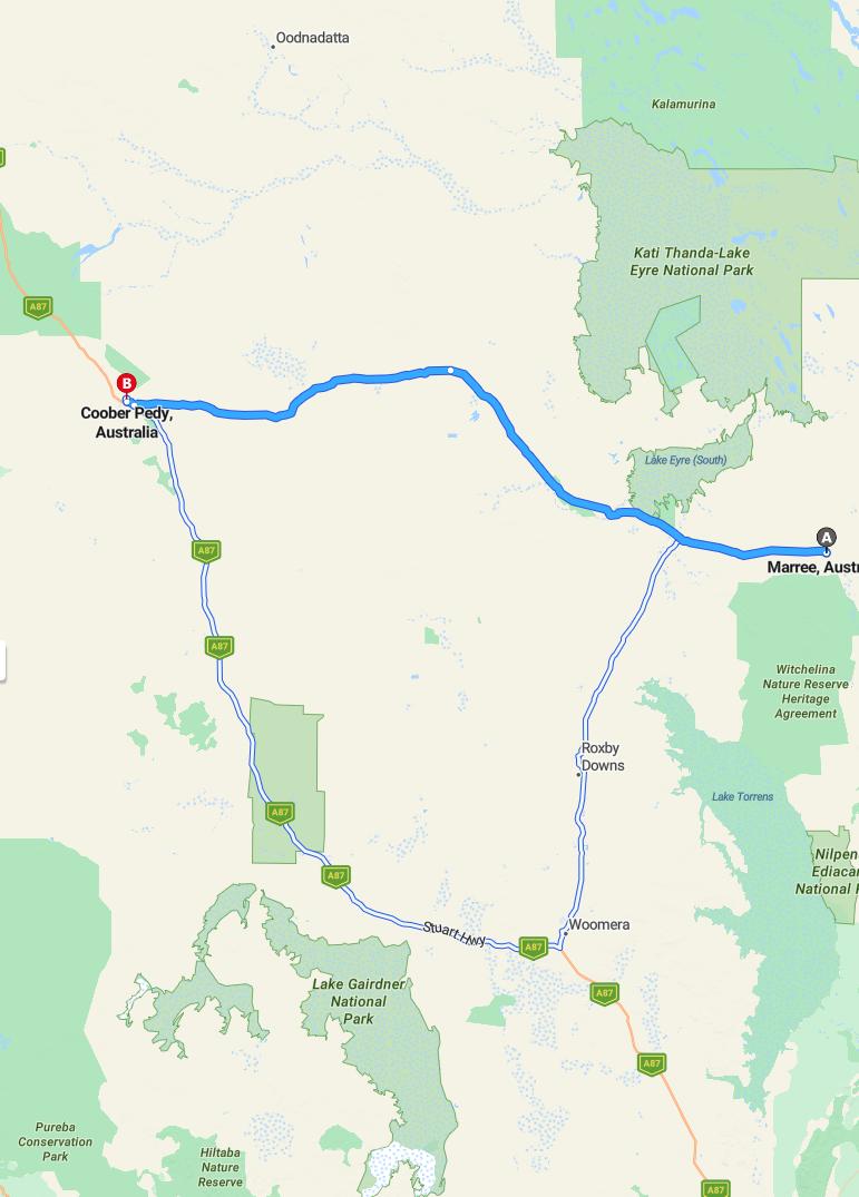 driving from Marree, South Australia to Coober PedySouth Australia - map and route