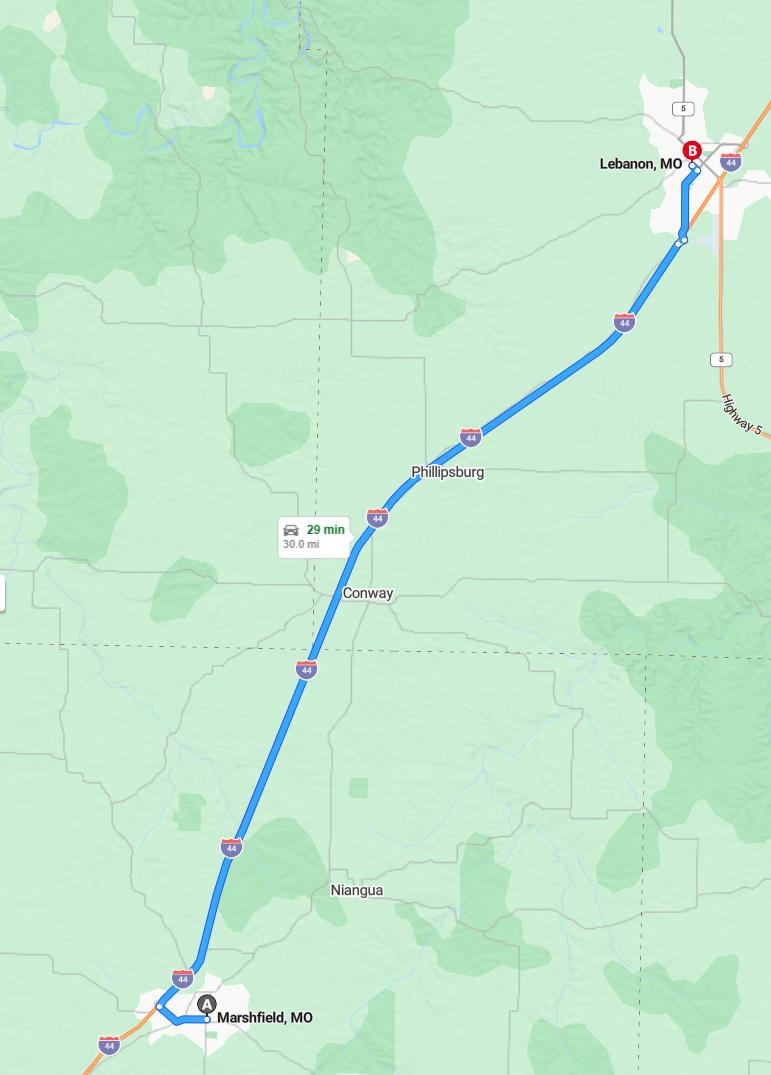 driving from Marshfield, Missouri to LebanonMissouri - map and route