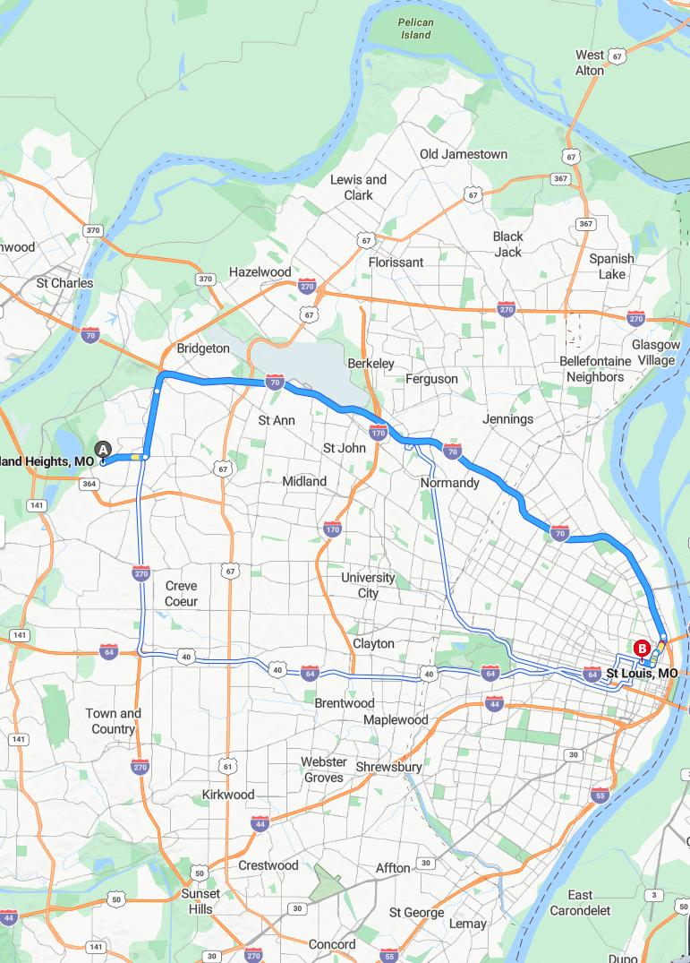 driving from Maryland Heights, Missouri to Saint LouisMissouri - map and route