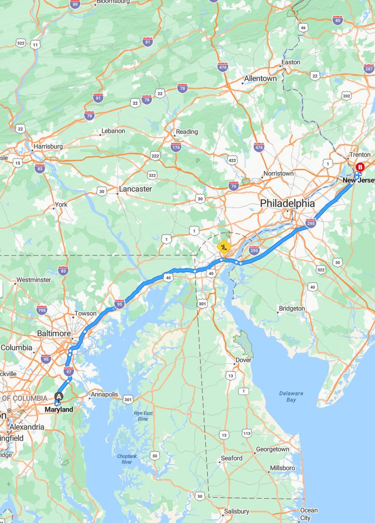 driving from -, Maryland to -New Jersey - map and route