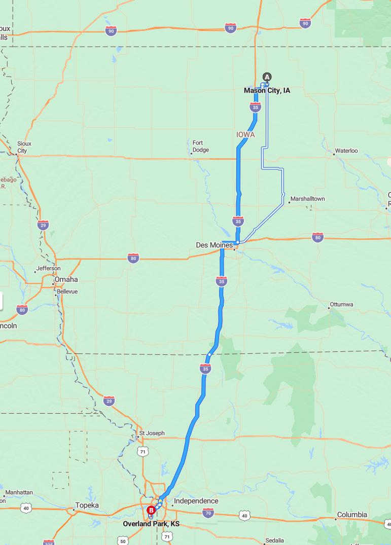 driving from Mason City, Iowa to Overland ParkKansas - map and route